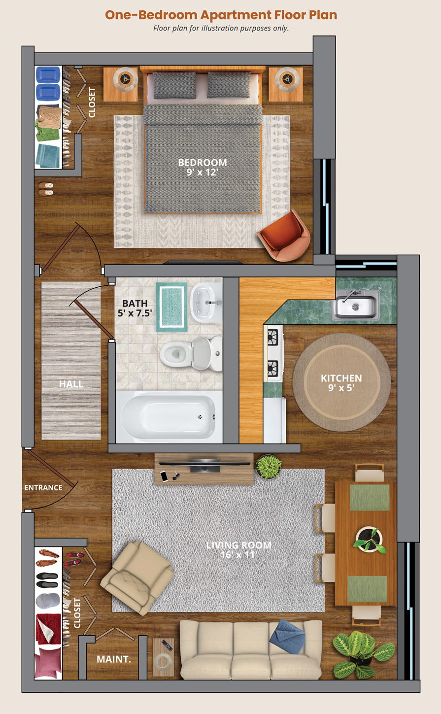 Lakeview Manor 1-Bedroom Floor Plan Sample
